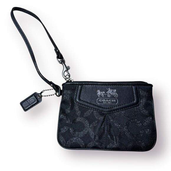 Coach Small‎ Wristlet Signature Logo Black Clutch w/ Purple Interior - Picture 1 of 5